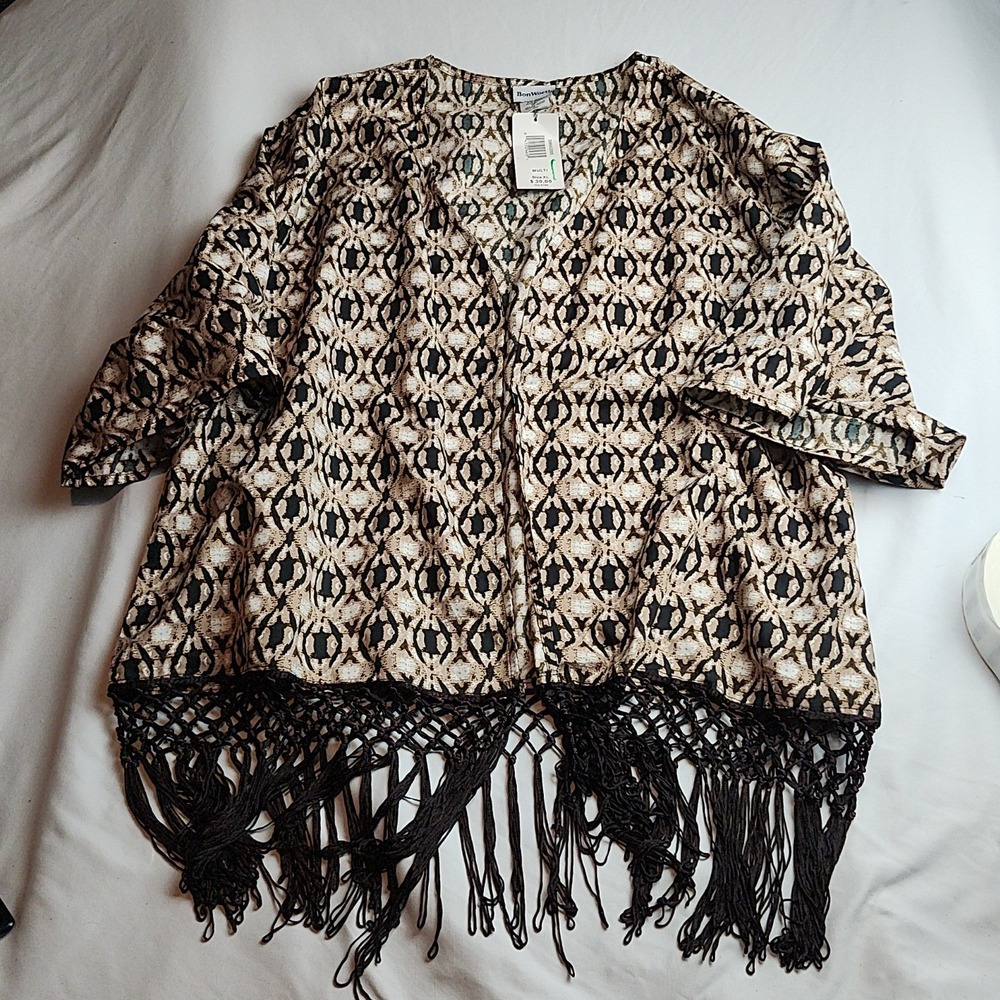 Bon Worth Kimono Cardigan Open Front Fringe Abstract Multi Women's Size XL
